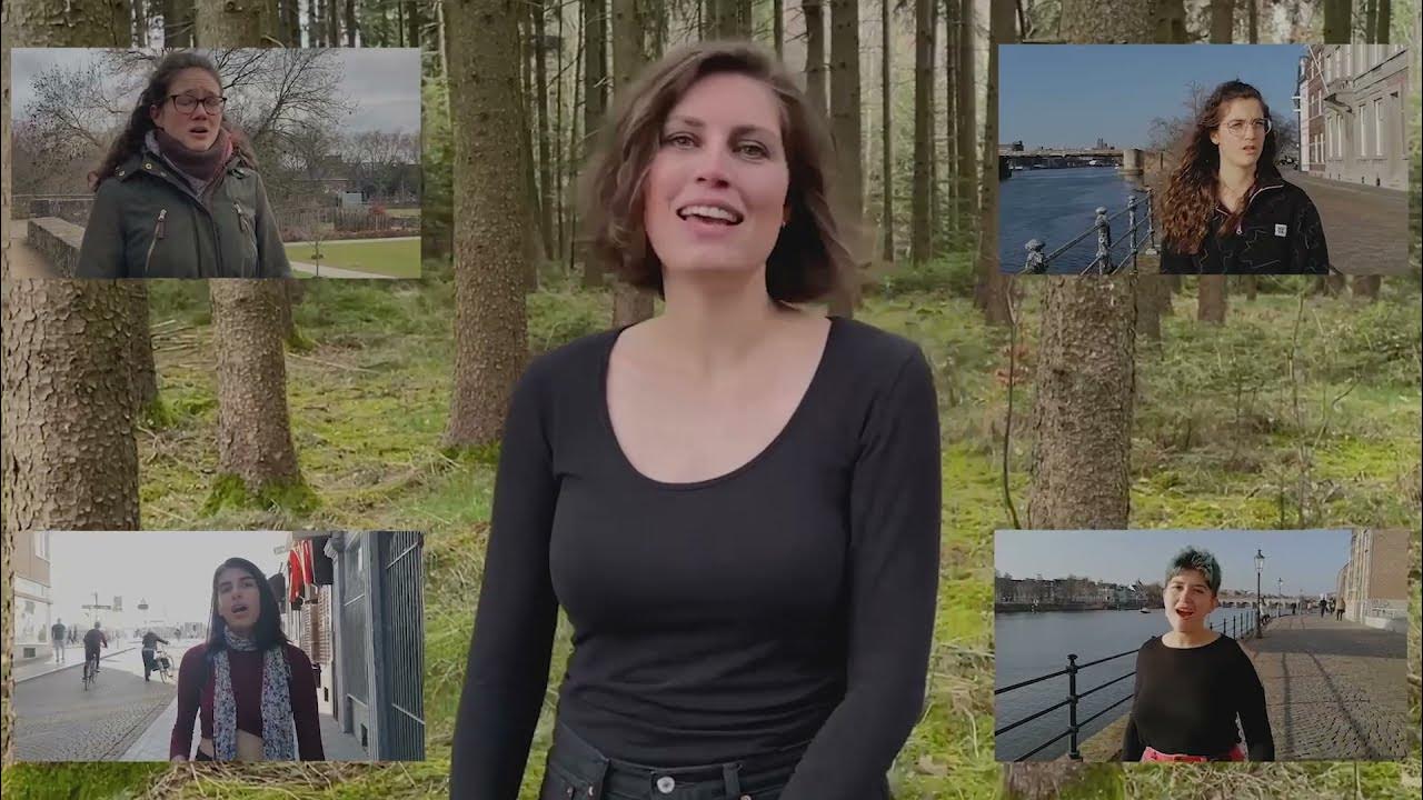 Embedded video: Ariane in the middle singing in a forest; Tabea, Marie, Niki and Amélie are overlayed in four different corners, they sing and walk through different places of a city